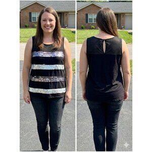 Lane Bryant Black Sequin Striped Tank Top Size 14/16 Mesh Yoke Keyhole Back